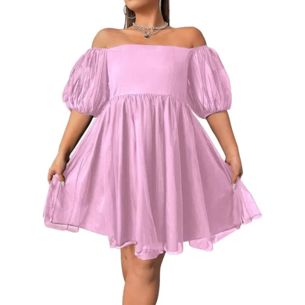 WDIRARA Women's Plus Size Mesh Puff Sleeve Square Neck Ruffle Hem Solid A Line Short Dress