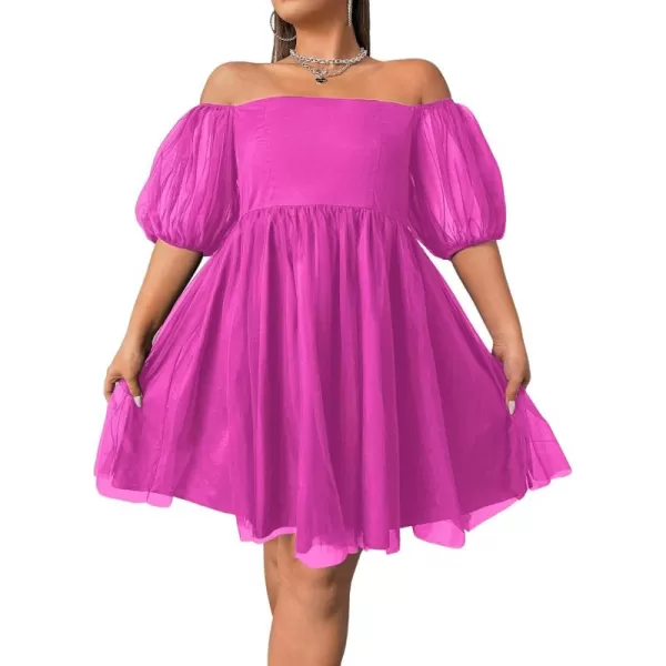 WDIRARA Women's Plus Size Mesh Puff Sleeve Square Neck Ruffle Hem Solid A Line Short Dress