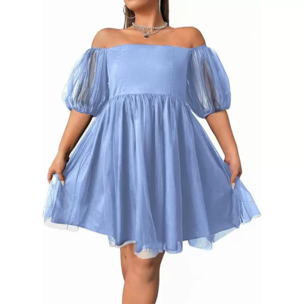 WDIRARA Women's Plus Size Mesh Puff Sleeve Square Neck Ruffle Hem Solid A Line Short Dress