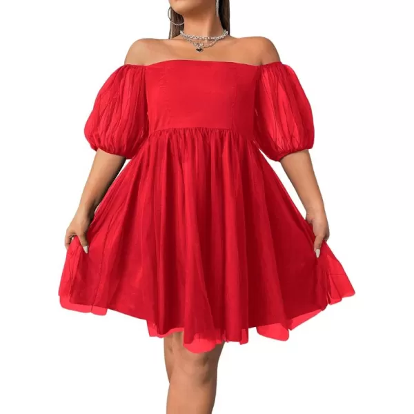 WDIRARA Women's Plus Size Mesh Puff Sleeve Square Neck Ruffle Hem Solid A Line Short Dress