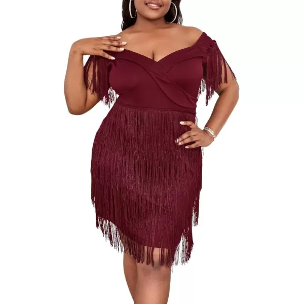 WDIRARA Women's Plus Size Off Shoulder Fringe Hem High Rise Bodycon Party Dress