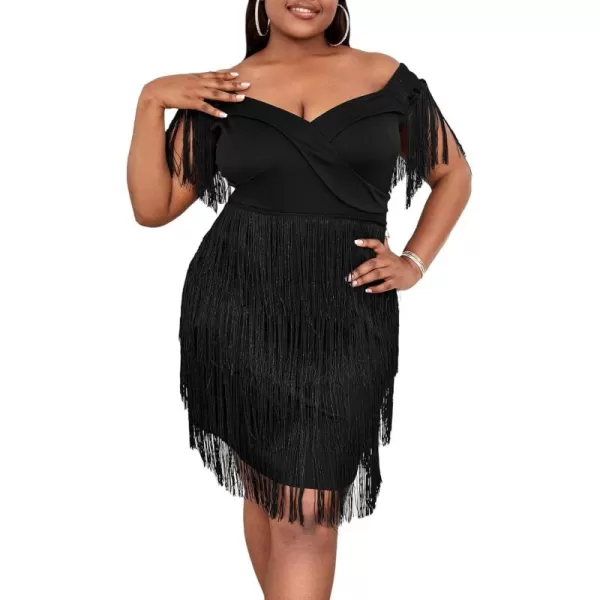 WDIRARA Women's Plus Size Off Shoulder Fringe Hem High Rise Bodycon Party Dress