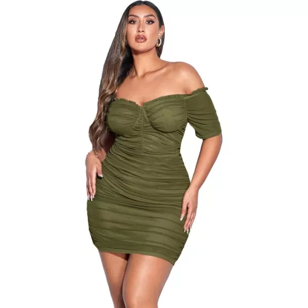 WDIRARA Women's Plus Size Off Shoulder Ruched Mesh Frill Tummy Control Knitted Pencil Bodycon Mini Dress