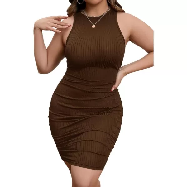 WDIRARA Women's Plus Size Round Neck Sleeveless Ruched Ribbed Knit Bodycon Tank Dress