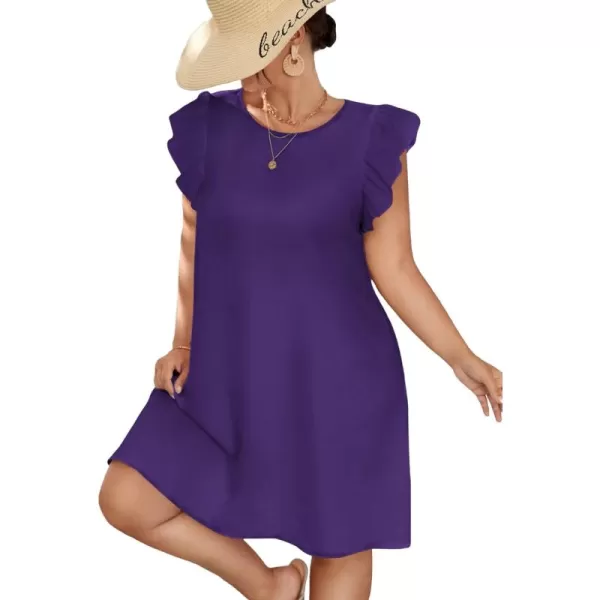 WDIRARA Women's Plus Size Ruffle Cap Sleeve Round Neck Dress Summer Tunic Dresses