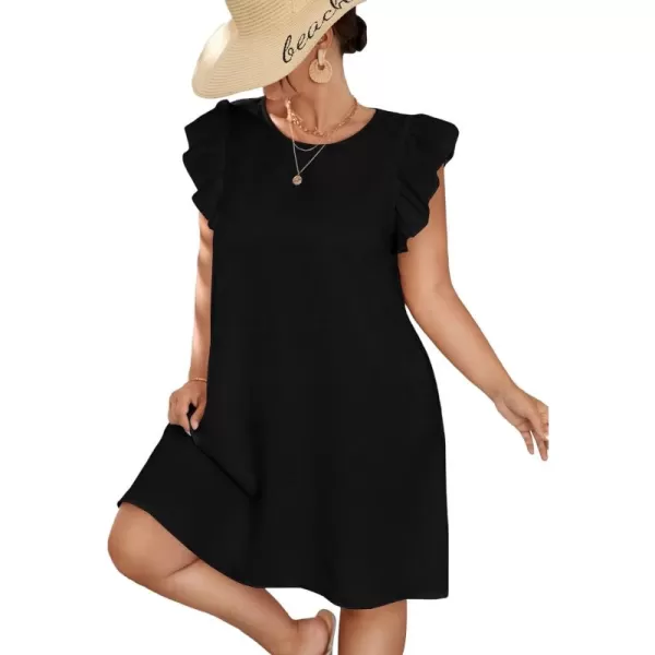 WDIRARA Women's Plus Size Ruffle Cap Sleeve Round Neck Dress Summer Tunic Dresses