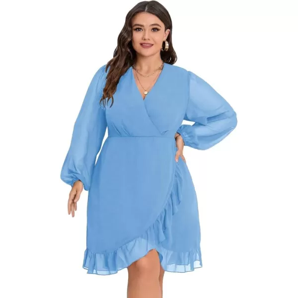WDIRARA Women's Plus Size Ruffle Trim Lantern Long Sleeve V-Neck Wrap Hem Short Formal Dress
