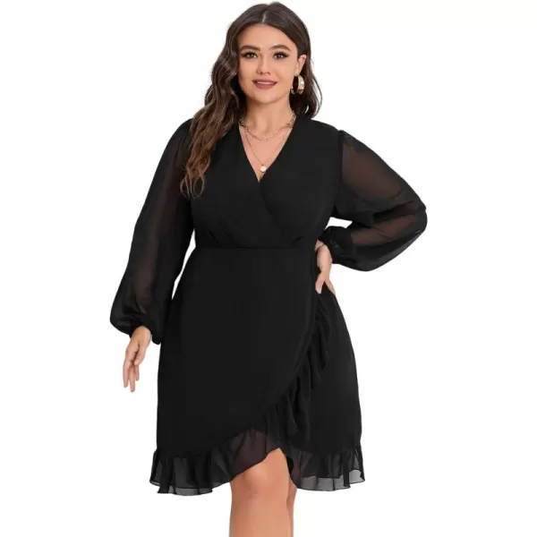 WDIRARA Women's Plus Size Ruffle Trim Lantern Long Sleeve V-Neck Wrap Hem Short Formal Dress