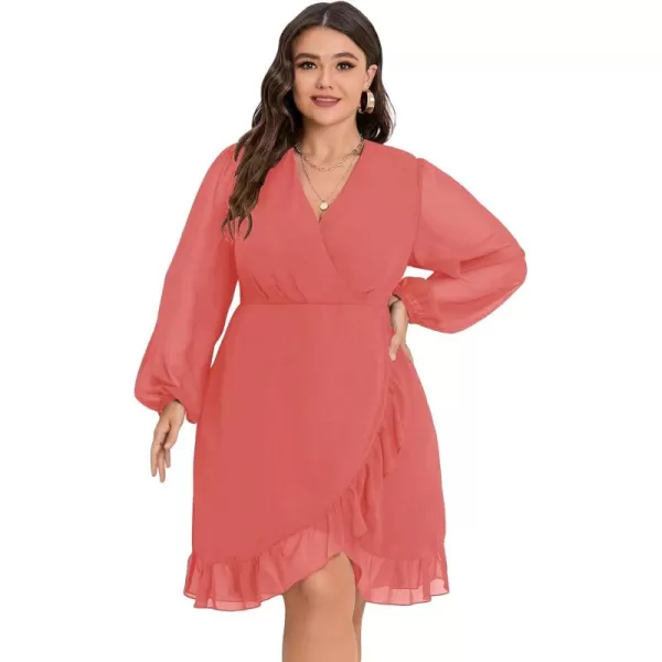 WDIRARA Women's Plus Size Ruffle Trim Lantern Long Sleeve V-Neck Wrap Hem Short Formal Dress