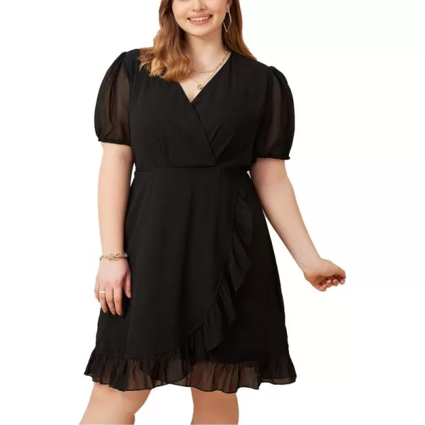 WDIRARA Women's Plus Size Ruffle Trim Lantern Long Sleeve V-Neck Wrap Hem Short Formal Dress