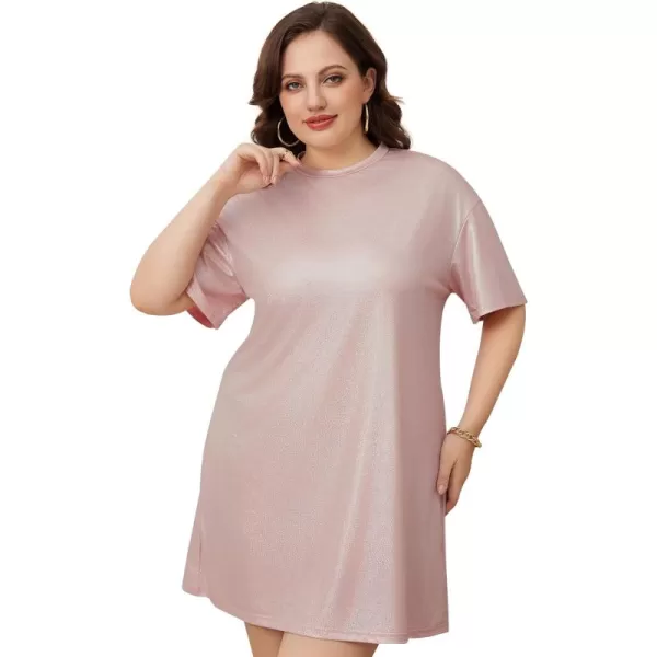 WDIRARA Women's Plus Size Short Sleeve Metallic Loose Mini Tshirt Dress for Clubwear