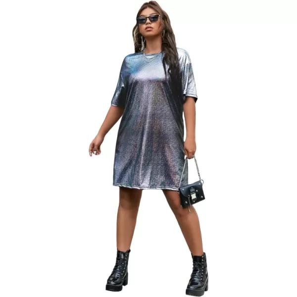 WDIRARA Women's Plus Size Short Sleeve Metallic Loose Mini Tshirt Dress for Clubwear
