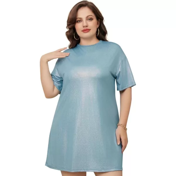 WDIRARA Women's Plus Size Short Sleeve Metallic Loose Mini Tshirt Dress for Clubwear