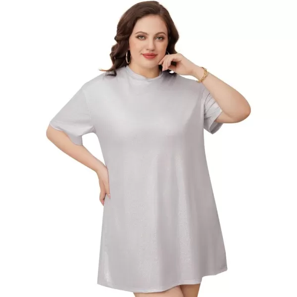 WDIRARA Women's Plus Size Short Sleeve Metallic Loose Mini Tshirt Dress for Clubwear
