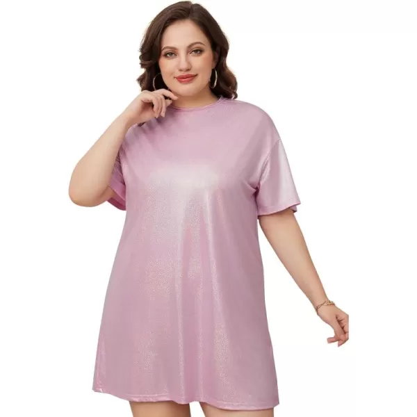 WDIRARA Women's Plus Size Short Sleeve Metallic Loose Mini Tshirt Dress for Clubwear