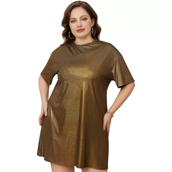 WDIRARA Women's Plus Size Short Sleeve Metallic Loose Mini Tshirt Dress for Clubwear