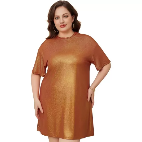 WDIRARA Women's Plus Size Short Sleeve Metallic Loose Mini Tshirt Dress for Clubwear