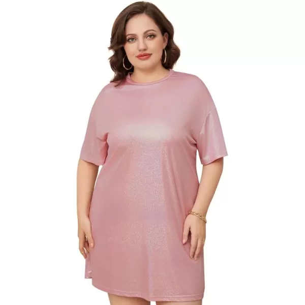WDIRARA Women's Plus Size Short Sleeve Metallic Loose Mini Tshirt Dress for Clubwear