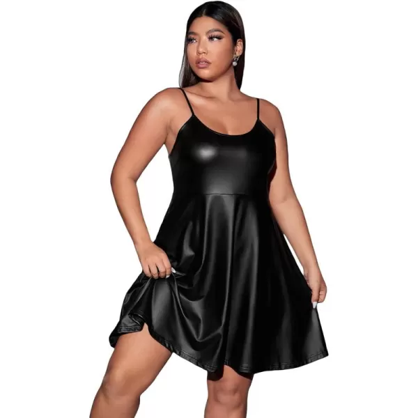 WDIRARA Women's Plus Size Spaghetti Strap Pu Leather Flared Hem A Line Cami Dress