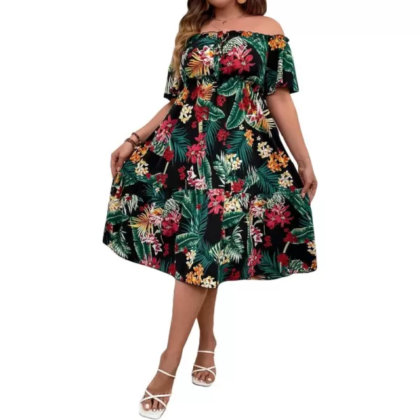 WDIRARA Women's Plus Size Tropical Print Off Shoulder Ruffle Hem A Line Dress