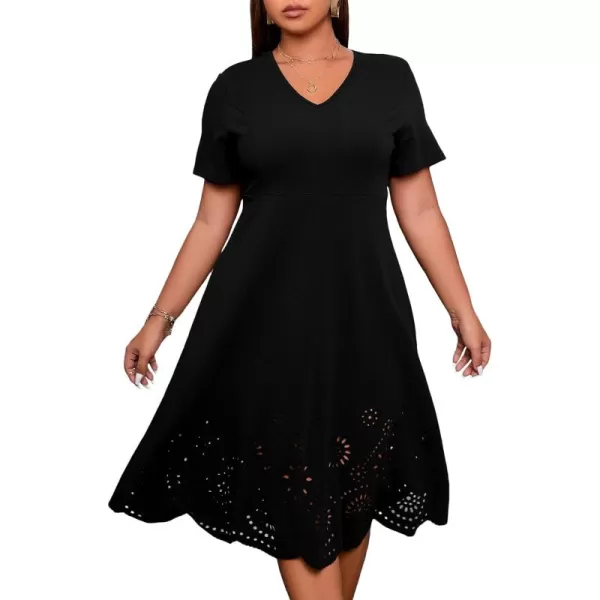 WDIRARA Women's Plus Size V Neck Scallop Trim Cut Out Short Sleeve A Line Swing Midi Dress