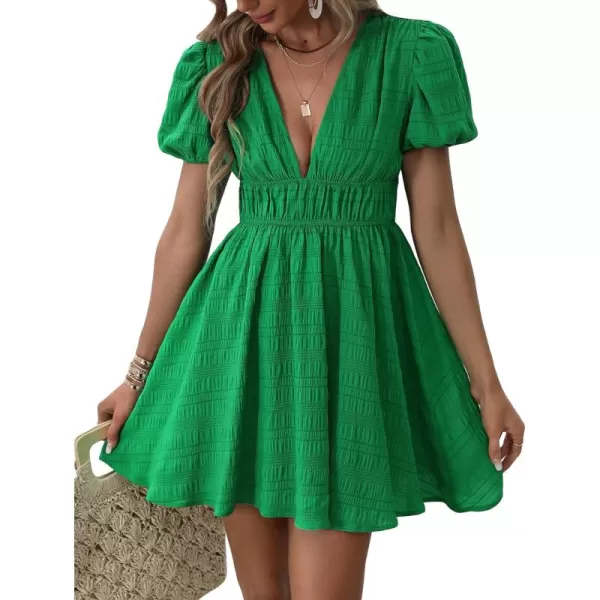 WDIRARA Women's Puff Sleeve Deep V Neck Tie Back Mini A Line Swing Dress