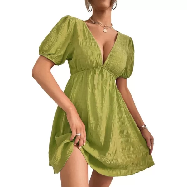 WDIRARA Women's Puff Sleeve Deep V Neck Tie Back Mini A Line Swing Dress