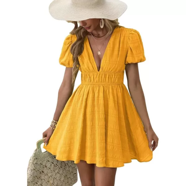 WDIRARA Women's Puff Sleeve Deep V Neck Tie Back Mini A Line Swing Dress