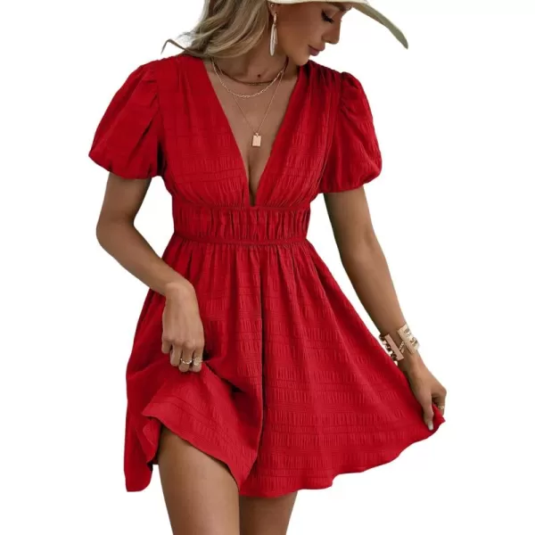 WDIRARA Women's Puff Sleeve Deep V Neck Tie Back Mini A Line Swing Dress