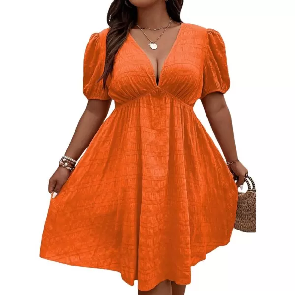 WDIRARA Women's Puff Sleeve Deep V Neck Tie Back Mini A Line Swing Dress