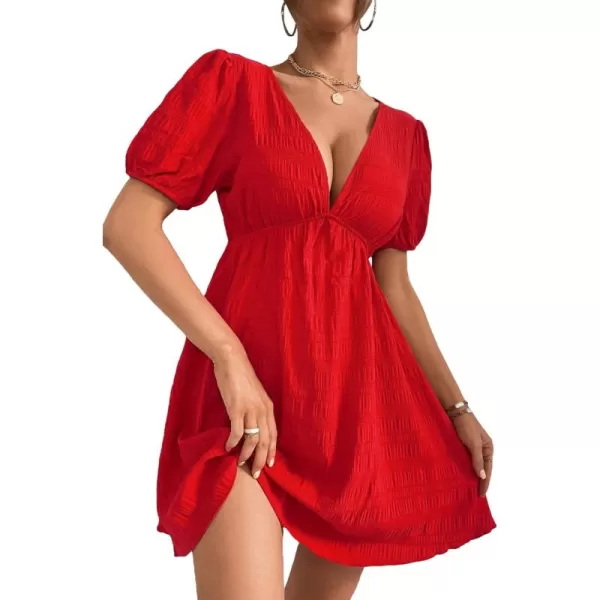 WDIRARA Women's Puff Sleeve Deep V Neck Tie Back Mini A Line Swing Dress