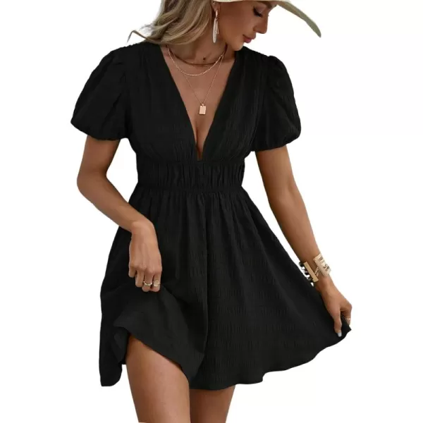 WDIRARA Women's Puff Sleeve Deep V Neck Tie Back Mini A Line Swing Dress