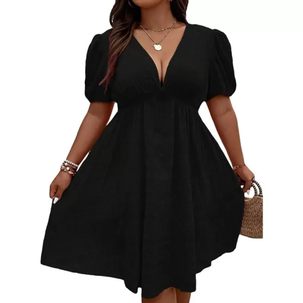 WDIRARA Women's Puff Sleeve Deep V Neck Tie Back Mini A Line Swing Dress