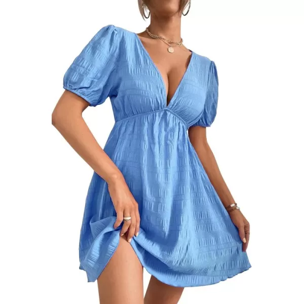 WDIRARA Women's Puff Sleeve Deep V Neck Tie Back Mini A Line Swing Dress