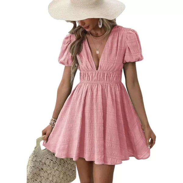 WDIRARA Women's Puff Sleeve Deep V Neck Tie Back Mini A Line Swing Dress