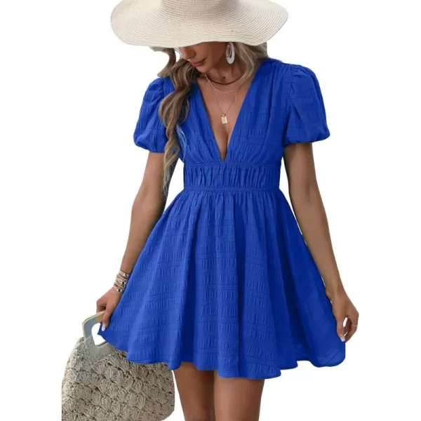 WDIRARA Women's Puff Sleeve Deep V Neck Tie Back Mini A Line Swing Dress