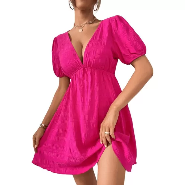 WDIRARA Women's Puff Sleeve Deep V Neck Tie Back Mini A Line Swing Dress