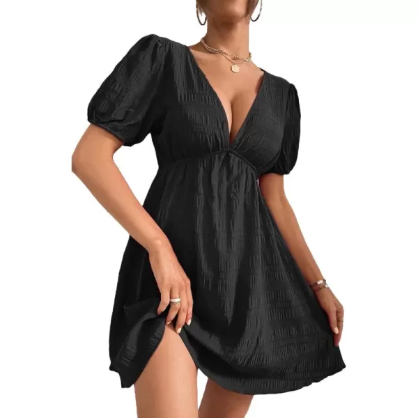 WDIRARA Women's Puff Sleeve Deep V Neck Tie Back Mini A Line Swing Dress
