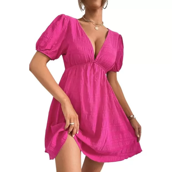 WDIRARA Women's Puff Sleeve Deep V Neck Tie Back Mini A Line Swing Dress
