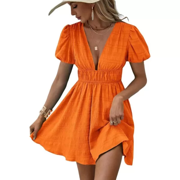 WDIRARA Women's Puff Sleeve Deep V Neck Tie Back Mini A Line Swing Dress