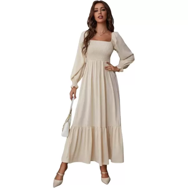 WDIRARA Women's Square Neck Flounce Shirred Ruffle Hem Elegant Long Sleeve Maxi Dress