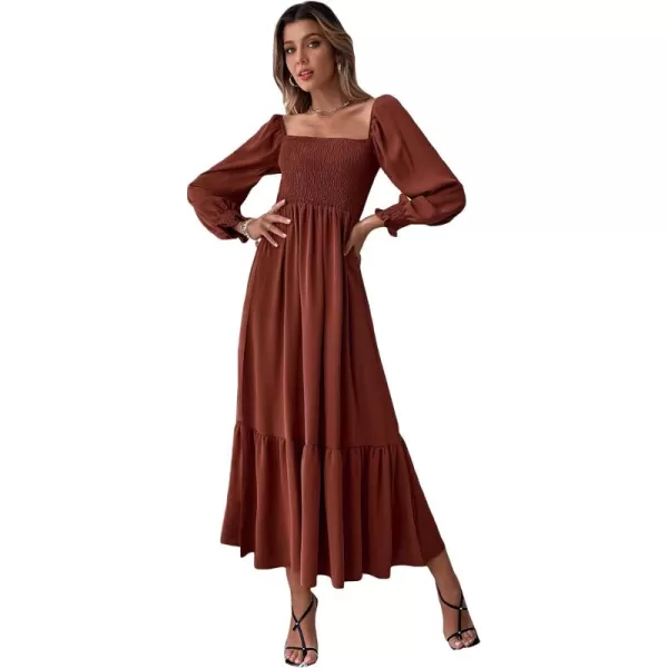 WDIRARA Women's Square Neck Flounce Shirred Ruffle Hem Elegant Long Sleeve Maxi Dress