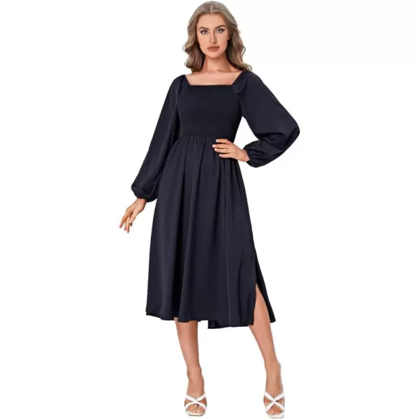 WDIRARA Women's Square Neck Flounce Shirred Ruffle Hem Elegant Long Sleeve Maxi Dress