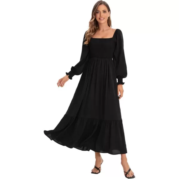 WDIRARA Women's Square Neck Flounce Shirred Ruffle Hem Elegant Long Sleeve Maxi Dress