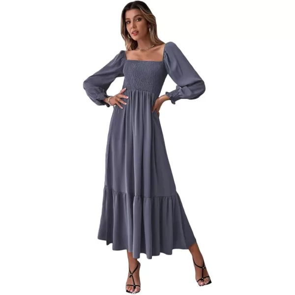 WDIRARA Women's Square Neck Flounce Shirred Ruffle Hem Elegant Long Sleeve Maxi Dress