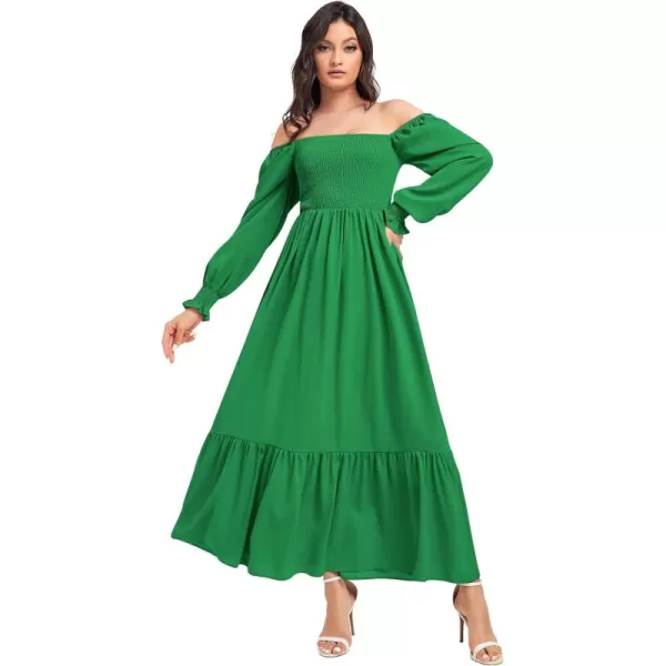 WDIRARA Women's Square Neck Flounce Shirred Ruffle Hem Elegant Long Sleeve Maxi Dress