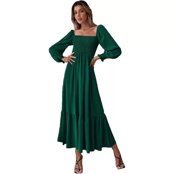 WDIRARA Women's Square Neck Flounce Shirred Ruffle Hem Elegant Long Sleeve Maxi Dress