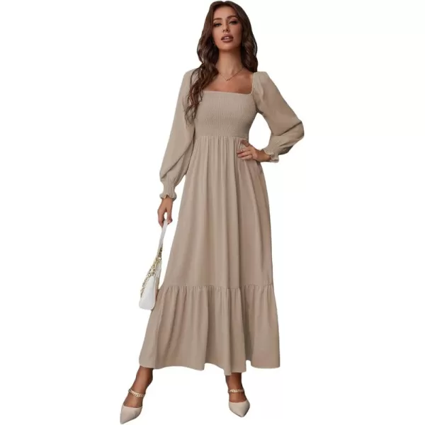 WDIRARA Women's Square Neck Flounce Shirred Ruffle Hem Elegant Long Sleeve Maxi Dress