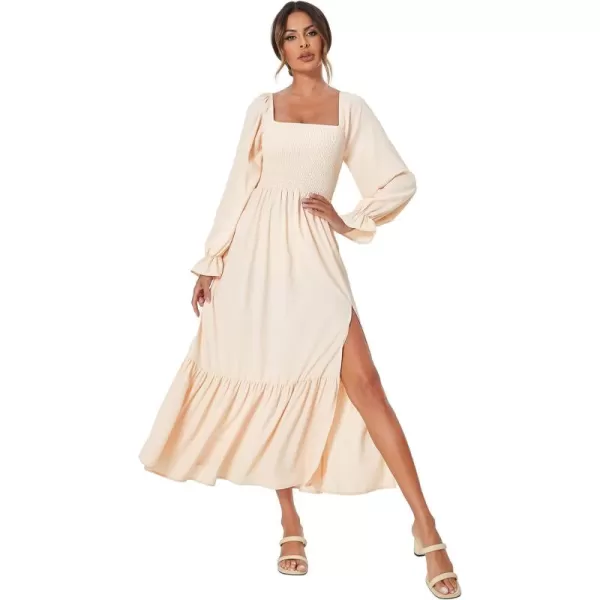 WDIRARA Women's Square Neck Flounce Shirred Ruffle Hem Elegant Long Sleeve Maxi Dress