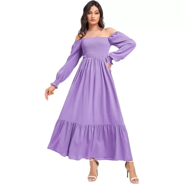 WDIRARA Women's Square Neck Flounce Shirred Ruffle Hem Elegant Long Sleeve Maxi Dress